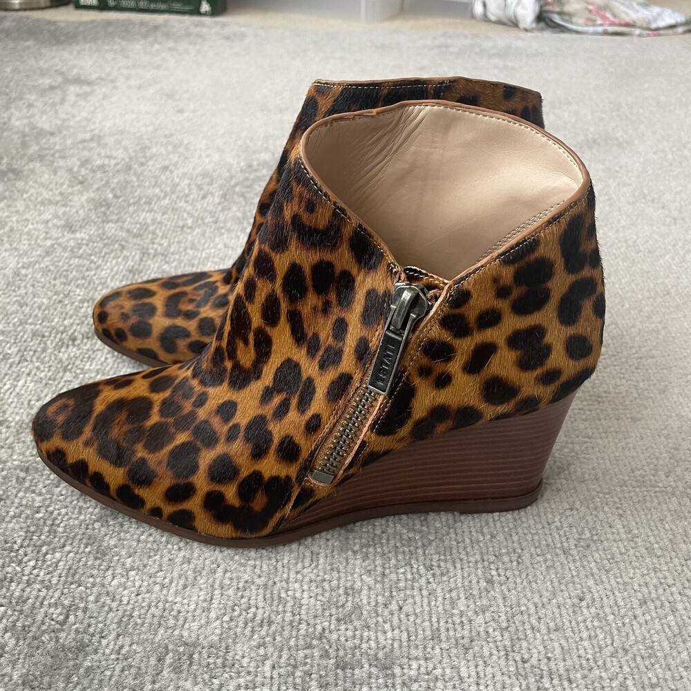 1 State Ankle Boots Womens 10 Brown Leopard Print Leather Cow Hair Wedge Shoes